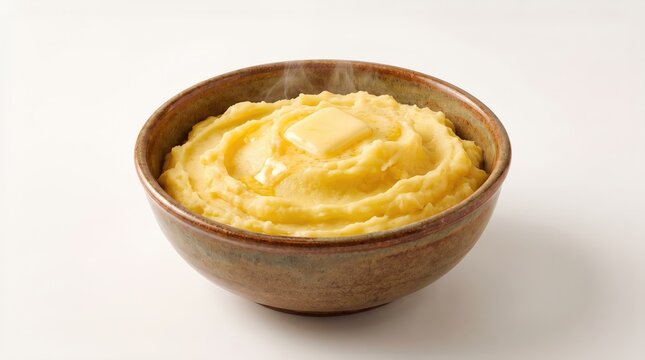 Creamy mashed potatoes served in a rustic wooden bowl on a white surface
