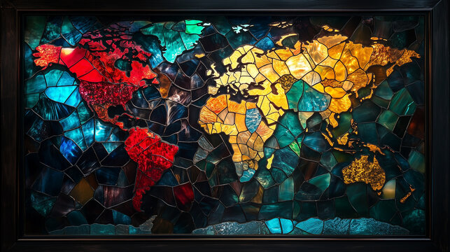 클로즈업된 스테인드글라스 모자이크 타일 질감의 세계지도 배경, close up stained glass mosaic tile texture world map background