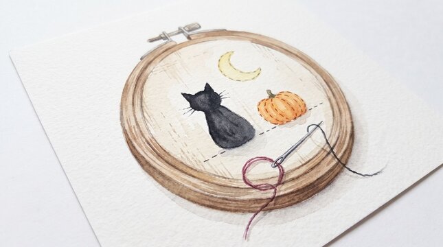 Watercolor illustration of black cat and pumpkin embroidery, wooden hoop with needle and thread on white paper, autumn craft and halloween theme, top view perspective