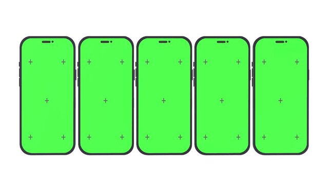 Five smartphones matching green chroma key displays clean lineup on white. mobile app comparisons, responsive demos, advertising, interface replacement, product presentations, marketing, compositing.