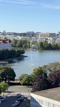Helsinki Hakaniemi Vertical View of a Tkoinranta City Bay With Fountain and Far Shore
