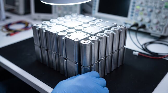 Close-up of stacked eVTOL battery cell modules on a testing bench