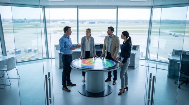 Aviation professionals reviewing an eVTOL weather and airspace briefing in a glass-walled operations room