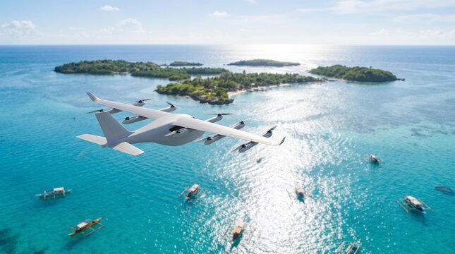Island-hopping eVTOL aircraft banking above a turquoise tropical lagoon