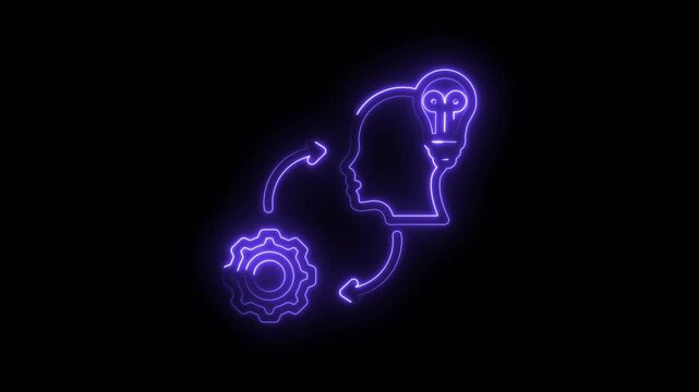 Neon light icon representing idea generation process with human head lightbulb and gear mechanism