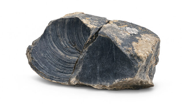 Dark gray chert flint rock specimen with natural fracture and striations on white background