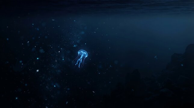 Glowing jellyfish swimming in dark deep ocean water with deep sea marine life sea creature