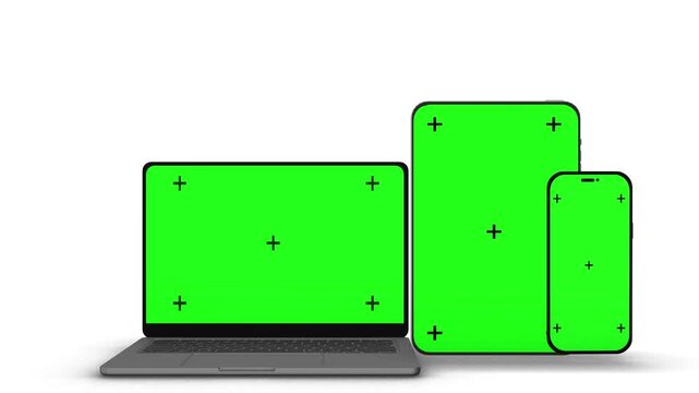 Modern multi device setup laptop tablet, phone style screens green chroma key displays background. responsive design demos, software showcases, advertising, presentations, screen replacement workflows