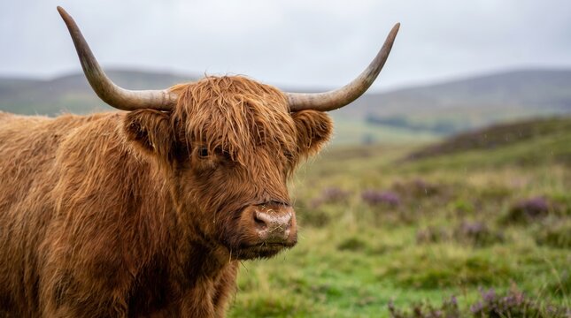 A detailed close-up of a Highland cow's face showing its long curved horns and thick shaggy ginger coat outdoors.
