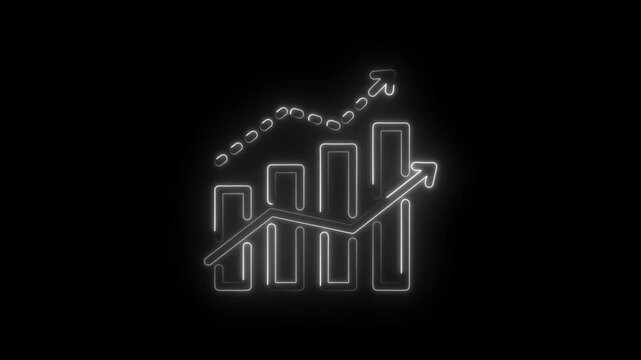 Neon glow bar chart with upward trending arrow and dashed line signifying growth progress icon