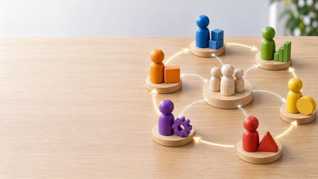 Team Collaboration and Structure, Wooden Workplace Feedback Loop with Colorful Peg Dolls Representing Performance and Interaction in Business Settings