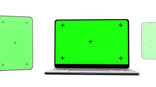Minimal device composition smartphone laptop green chroma key screens copy space. tech advertising, responsive design presentations, app marketing, screen replacement, editing, commercial media 3D