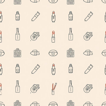 Seamless cosmetics and makeup pattern with minimalist line art icons.