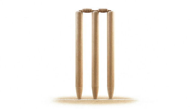 Gold-colored cricket wicket set with bails on white studio background for sports branding