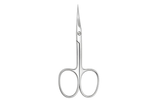 Single shiny silver metal nail scissors with sharp blades and finger holes, isolated on a clean white background