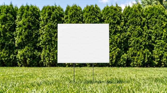 Blank white yard sign standing in a lush green lawn in front of a dense hedge of evergreen trees on a sunny day