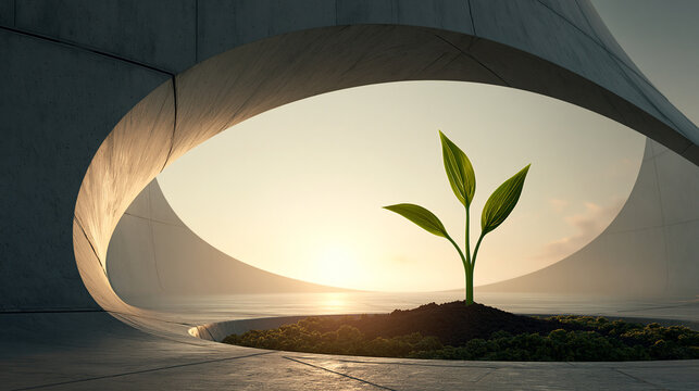 Small green plant growing in soil centered inside minimalist concrete architectural structure at sunrise.