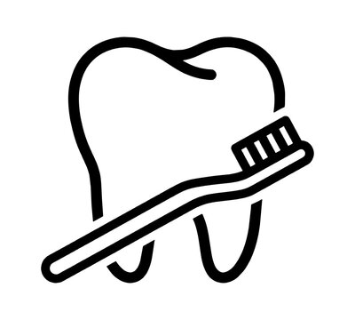 Black outline icon of a human tooth with a toothbrush for oral hygiene dental care and teeth cleaning symbol vector illustration isolated on transparent background, Vector