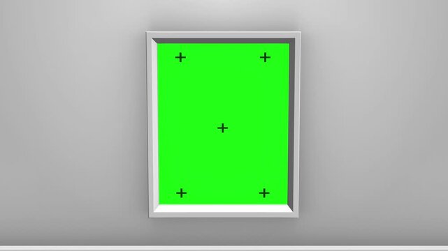 Minimal wall mounted frame green chroma key clean interior. poster replacement, digital advertising displays, gallery mockups, presentations, video editing, branding, promotional graphics, compositing