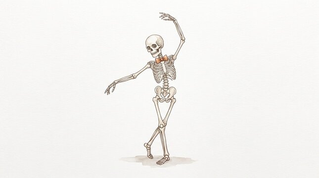 Dancing human skeleton illustration with red bow tie, vintage anatomical drawing style, graceful ballet pose on white background, whimsical macabre art for Halloween