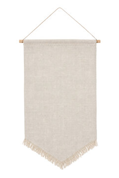 Blank beige linen banner with wooden dowel and string for hanging, isolated on a white background