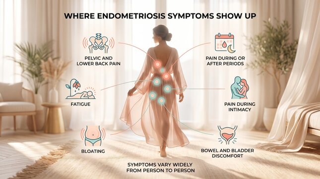 Endometriosis symptoms body map infographic