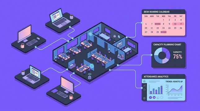 Isometric illustration of a hybrid office management software system