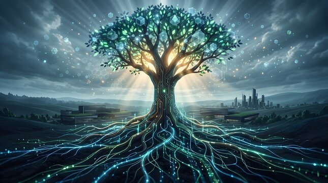 Future smart city with digital tree of knowledge and data flow.