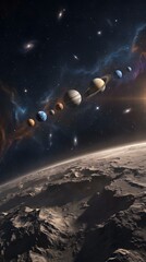Fototapeta premium Planets of the solar system aligned in a row above a rocky, cratered planetary surface.