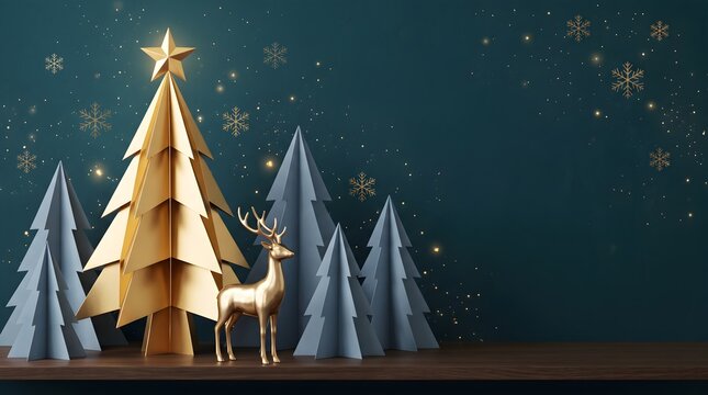 Minimalist golden christmas tree with deer on dark background.