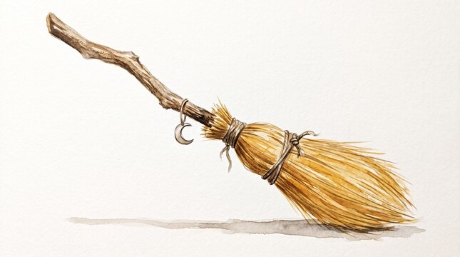 Witch broomstick watercolor illustration, magical wooden broom with crescent moon charm, rustic straw texture on white background, fantasy occult art for halloween