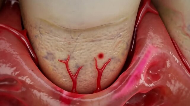 Close-up Animation of Inflamed Gums Bleeding between Teeth Showing Periodontal Disease Symptoms in Dental Health Context