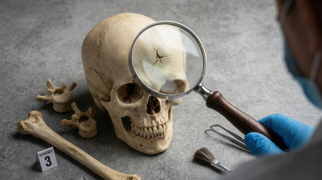 Forensic Anthropologist Examining Skeletal Remains Under Magnifying Glass