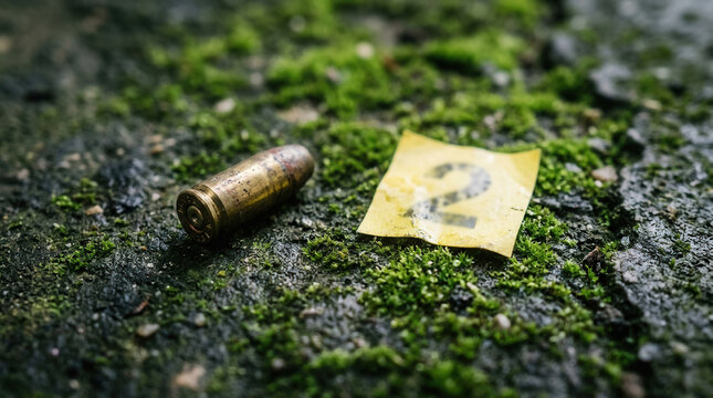 Forensic Evidence Bullet Casing Marker Two on Mossy Ground