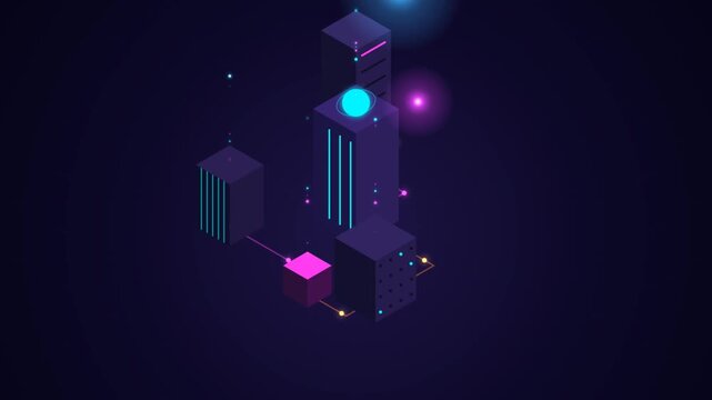 Isometric Digital Data Architecture With Glowing Neon Nodes And Floating Geometric Tech Structures