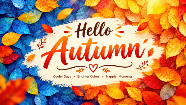 Warm Hello AUTUMN  and Autumn Welcome Sign with Vibrant Fall Flowers, Mini Pumpkins and Colorful Leaves