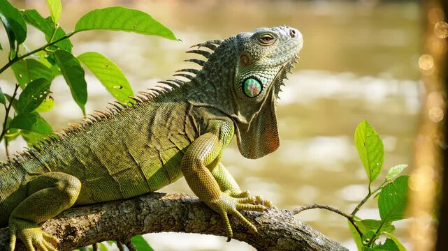 Green Iguana Perched on Tree Branch in Natural Tropical Habitat