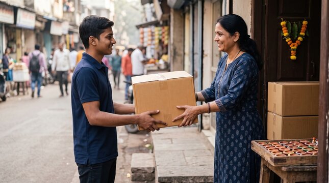 Young Indian man delivering a package to a smiling woman in a bustling street market.