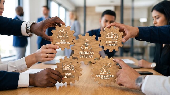 Business people connecting wooden gear wheels with icons representing team collaboration, strategic planning, business synergy, data insights, and organizational growth in office