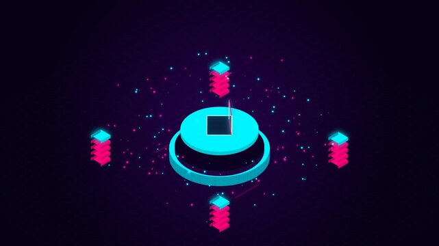 Neon Digital Platform with Floating Data Stacks and Glowing Cyber Particles in Isometric 3D Design