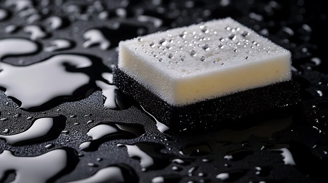 Cleaning sponge with water droplets on black surface highlighting hygiene and sanitation concepts