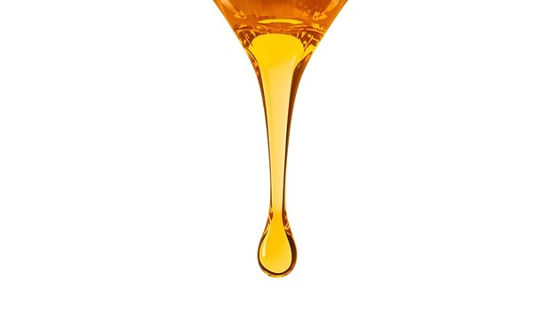 Golden honey dripping from a glass container on a clean white background for food packaging design