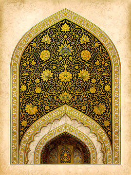 Gold floral pattern inside nested pointed arches