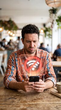 A man wearing a colorful patterned shirt shows a displeased expression while looking at his smartphone, which displays a clear "no WiFi" connection error symbol in a cafe.