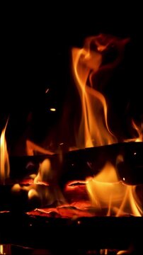 Super slow motion of flames and a burning fireplace with burnt logs, undergrowth and sparks. Vertical view.
