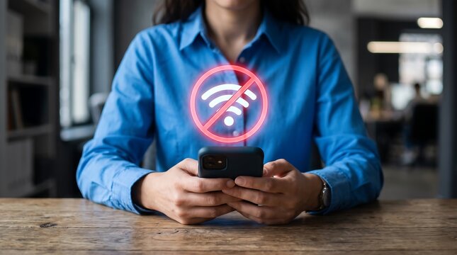 A person in a bright blue shirt holds a smartphone with a red no Wi-Fi symbol, signifying a loss of internet connectivity in an office environment.