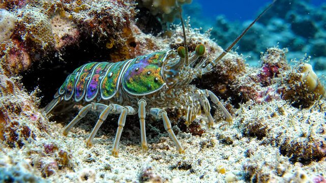 Stunning Colorful Painted Rock Lobster Resting on Tropical Coral Reef Seabed Underwater
