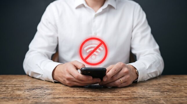 A man in a white dress shirt holds a smartphone displaying a red no Wi-Fi symbol above the screen while sitting at a wooden table.