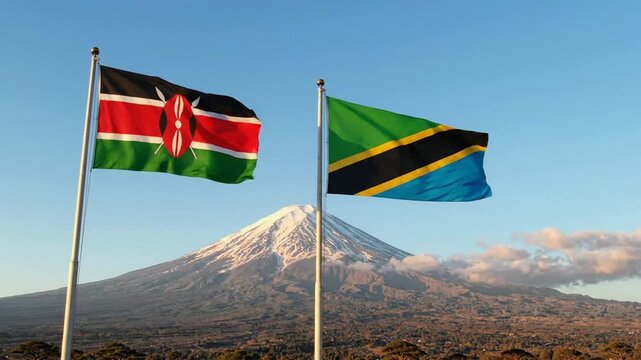 Kenya and tanzania flags waving together against mount kilimanjaro background, east africa travel and diplomacy concept