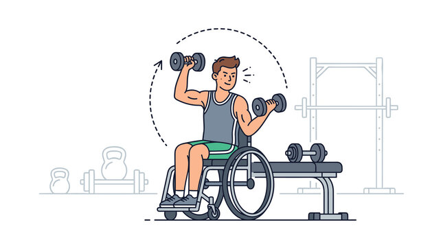 Male athlete in a wheelchair training with dumbbells in a gym, performing overhead presses for strength building and physical rehabilitation, vector illustration on white background.
